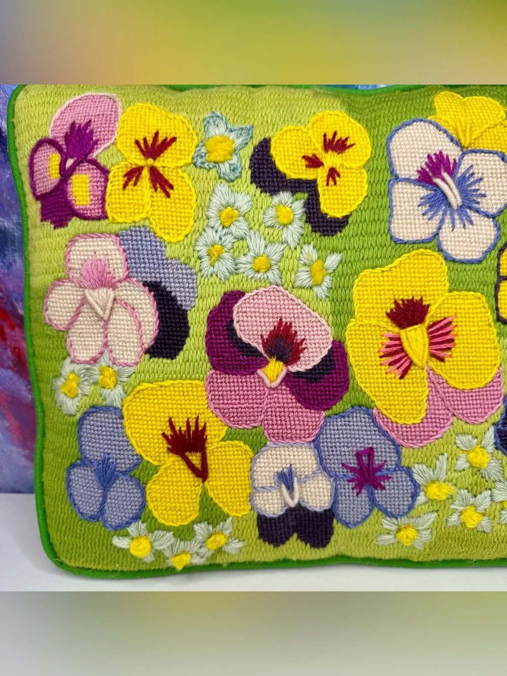 Pansy Flower Crewel Point Pillow Columbia Minerva Completed Vintage Embroidery